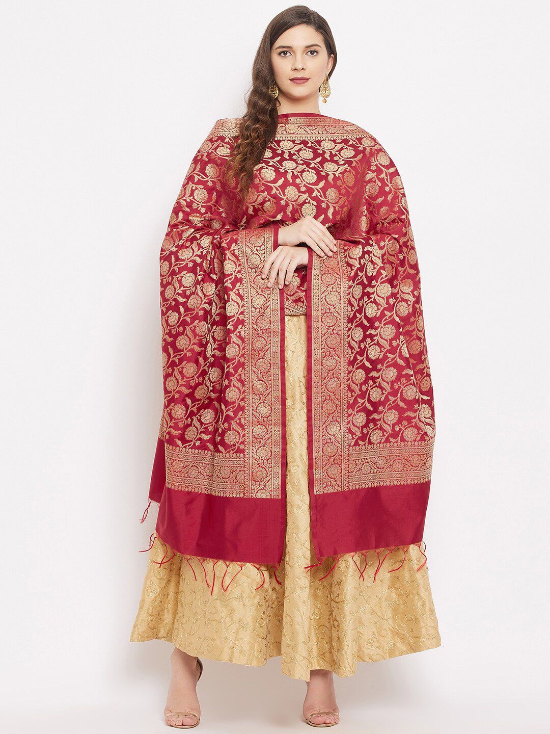Clora Creation Maroon & Gold-Toned Woven Design Banarasi Silk Dupatta with Zari Price in India