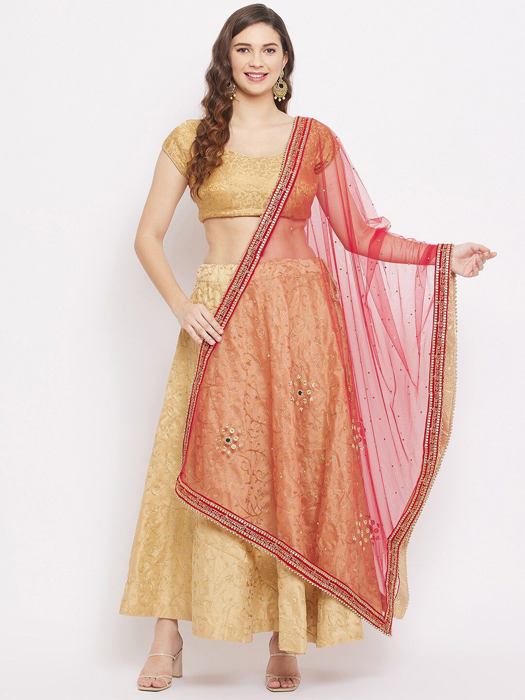 Clora Creation Red & Gold-Toned Ethnic Motifs Embroidered Dupatta with Beads and Stones Price in India