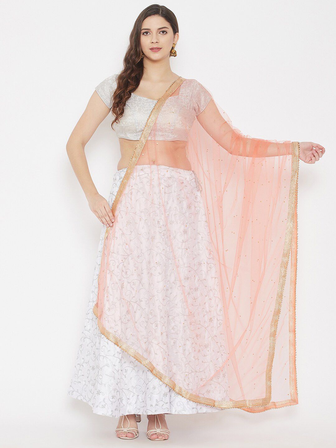 Clora Creation Peach-Coloured & Gold-Toned Ethnic Motifs Embroidered Dupatta Price in India