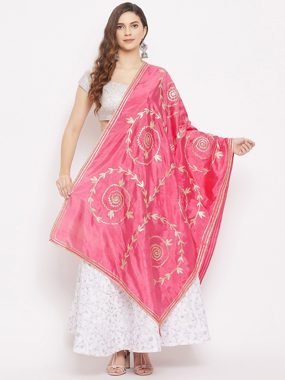 Clora Creation Pink & Gold-Toned Ethnic Motifs Embroidered Dupatta with Gotta Patti Price in India