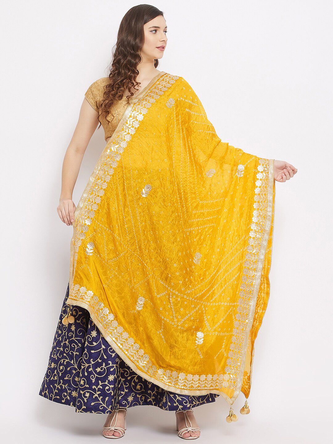 Clora Creation Yellow & Gold-Toned Dyed Tie and Dye Dupatta with Gotta Patti Price in India