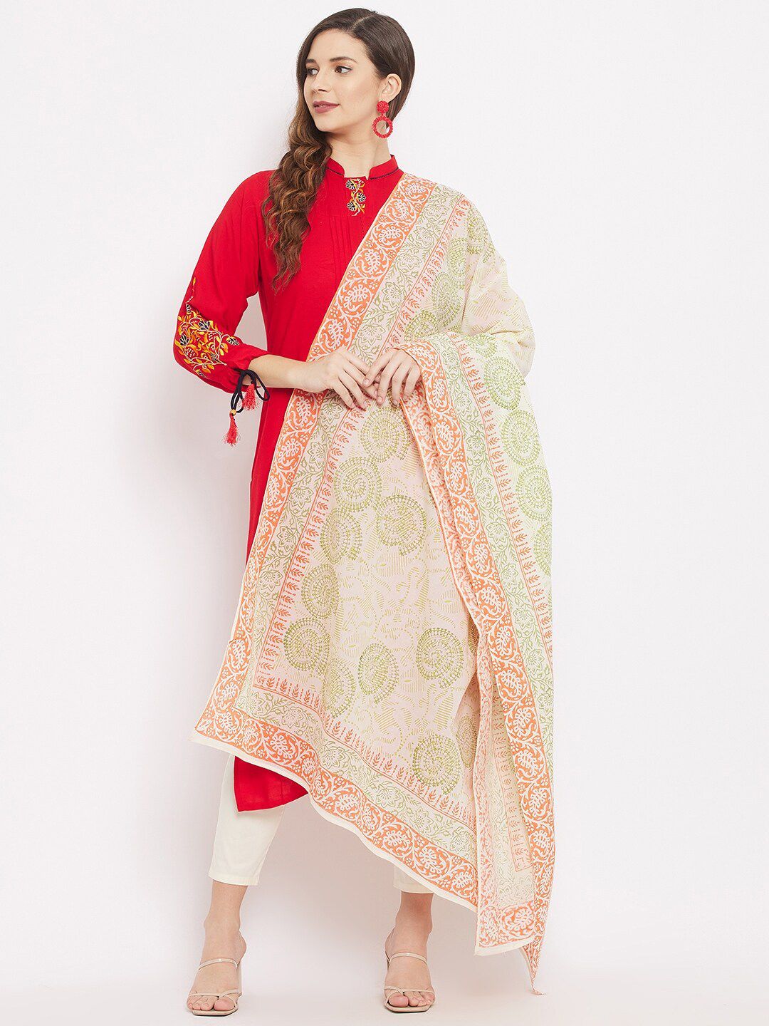 Clora Creation Off White & Red Ethnic Motifs Printed Pure Cotton Dupatta