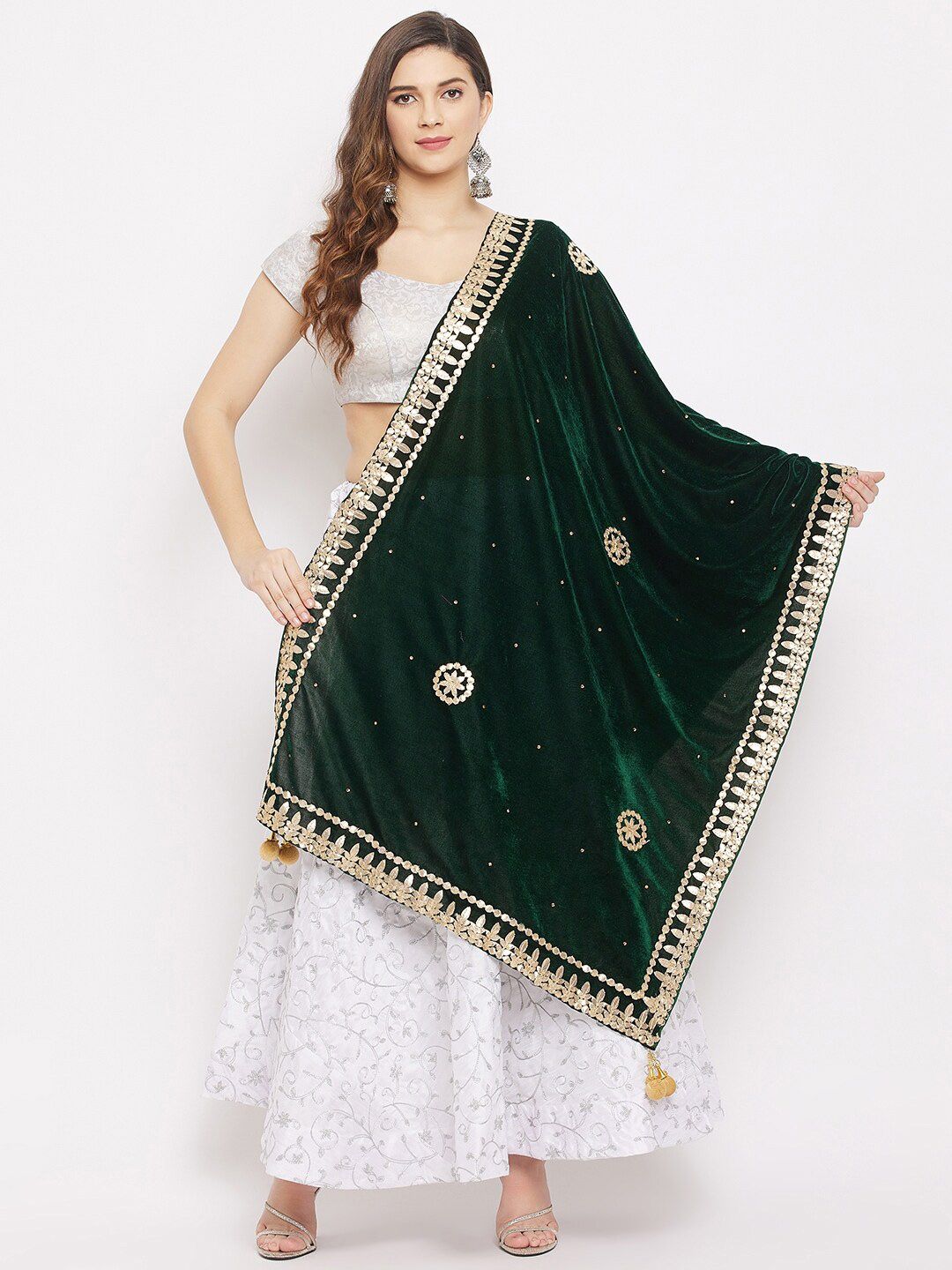 Clora Creation Green & Gold-Toned Ethnic Motifs Embroidered Velvet Dupatta with Gotta Patti Price in India
