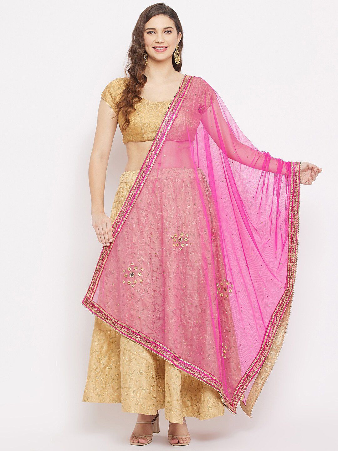 Clora Creation Magenta & Gold-Toned Embroidered Net Dupatta with Beads & Stones Price in India