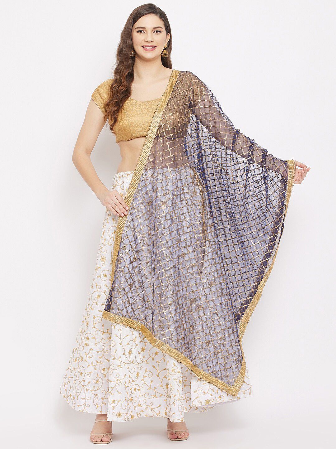 Clora Creation Navy Blue & Gold Ethnic Motifs Embroidered Dupatta with Sequinned Price in India