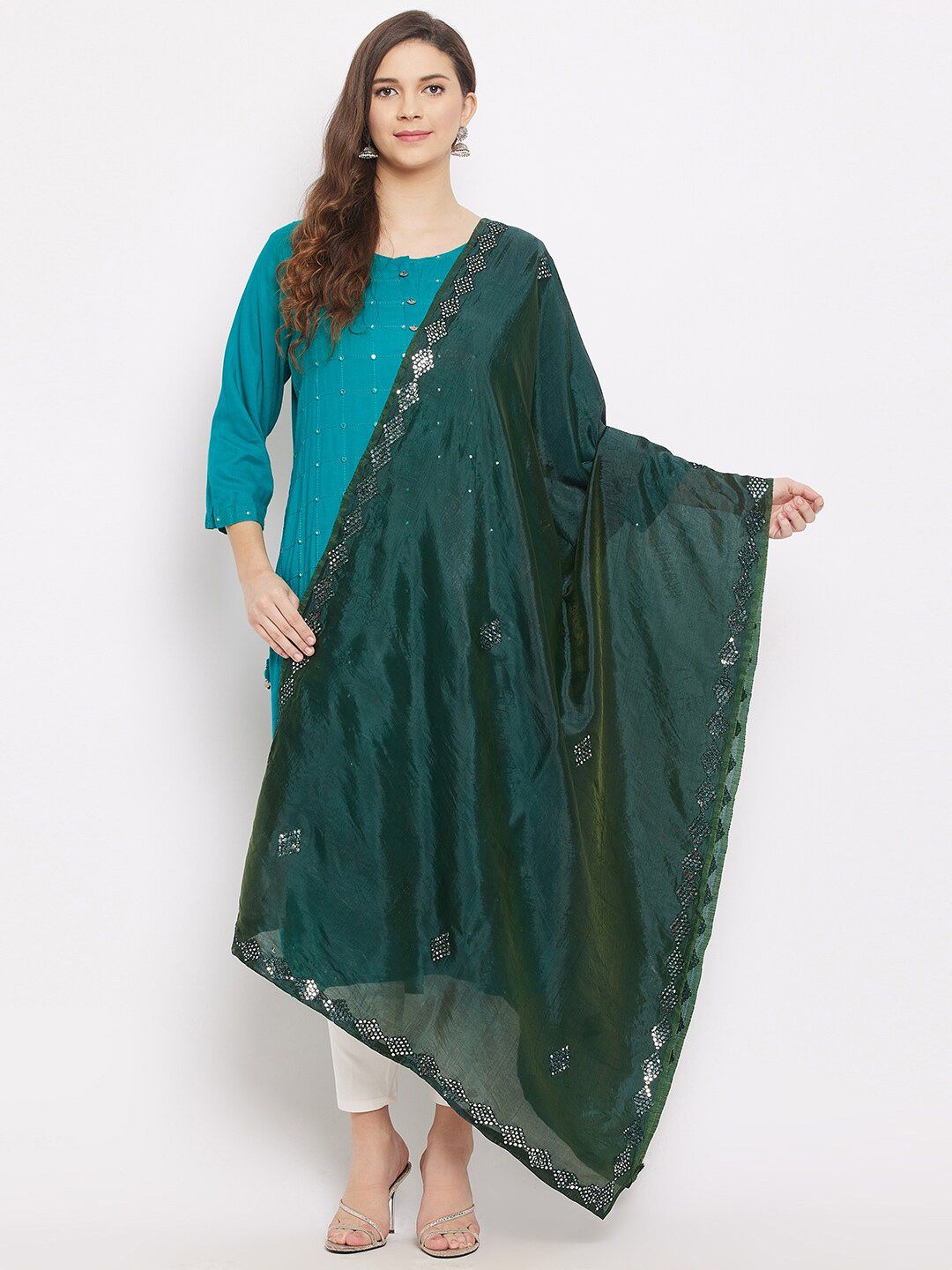 Clora Creation Green Ethnic Motifs Embroidered Dupatta with Mirror Work Price in India