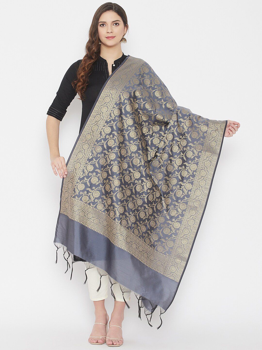 Clora Creation Grey & Gold-Coloured Woven Design Banarasi Silk Blend Dupatta with Zari Price in India