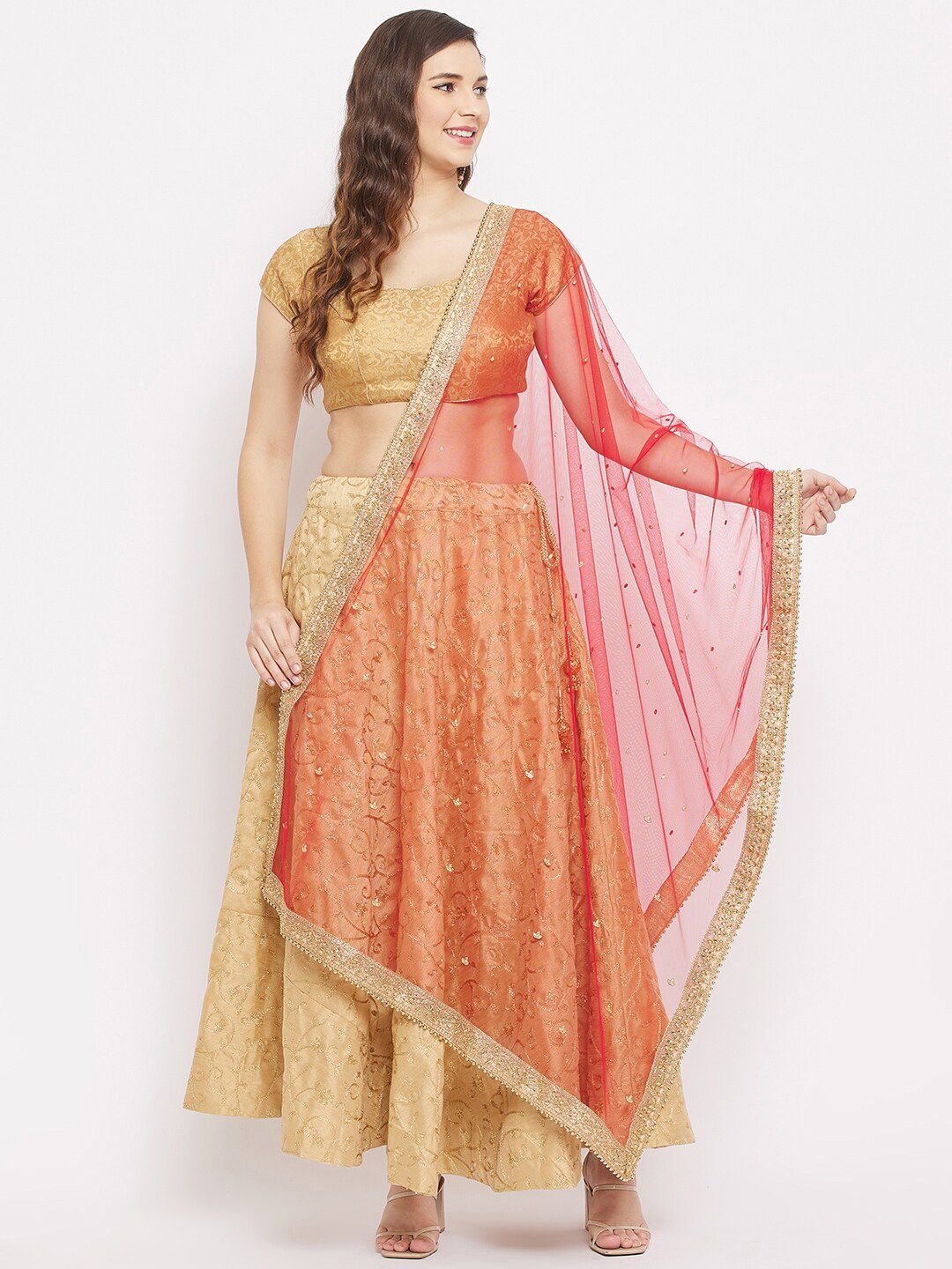 Clora Creation Red & Gold-Toned Ethnic Motifs Embroidered Dupatta with  Beads & Stones Price in India