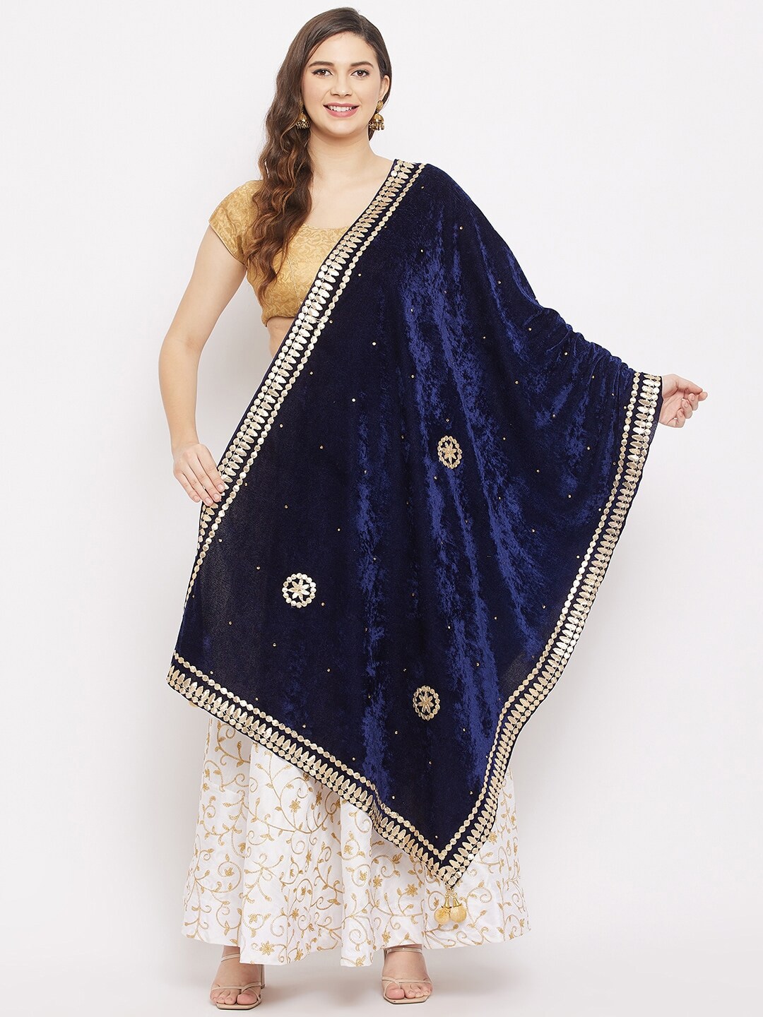 Clora Creation Navy Blue & Gold-Toned Embroidered Velvet Dupatta with Beads and Stones Price in India