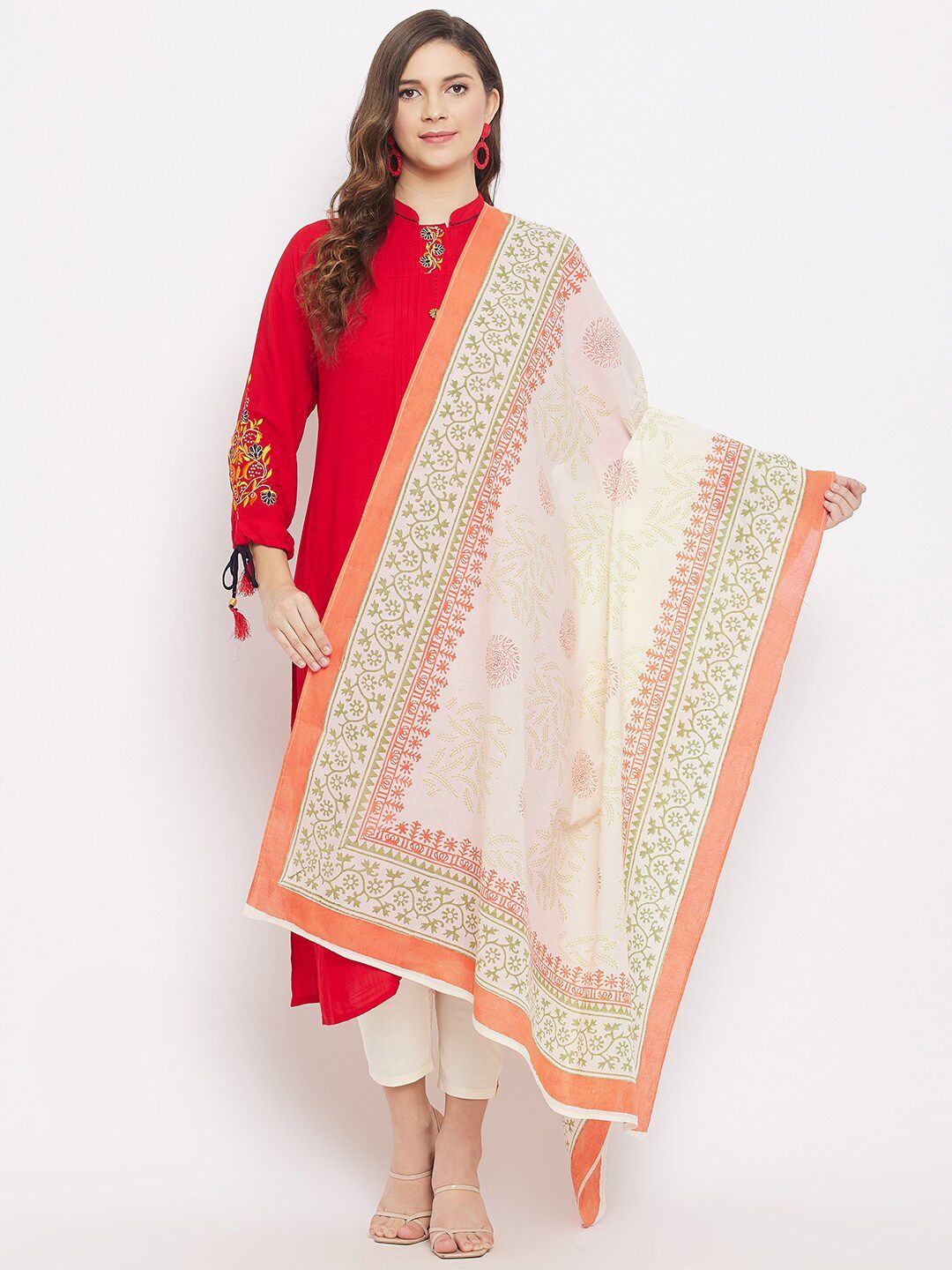 Clora Creation Off White & Orange Printed Pure Cotton Dupatta