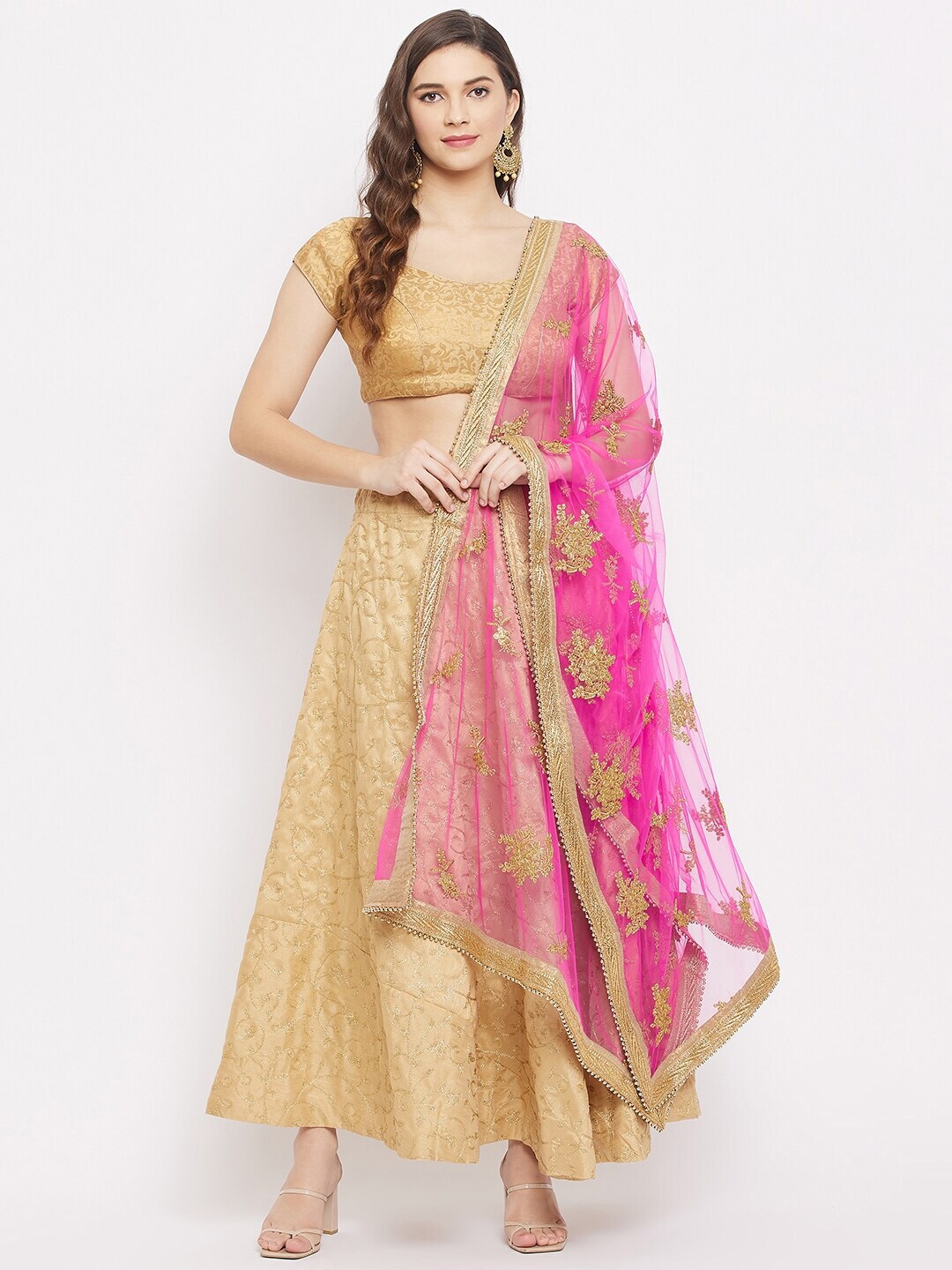 Clora Creation Magenta & Gold-Toned Embroidered Dupatta with Thread Work Price in India