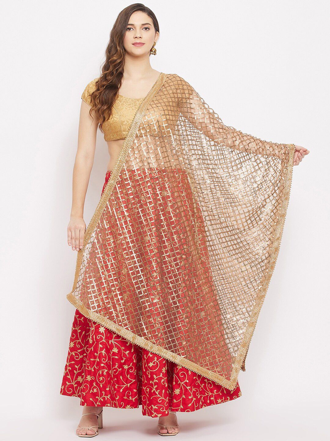 Clora Creation Gold Ethnic Motifs Embroidered Dupatta with Sequinned Price in India