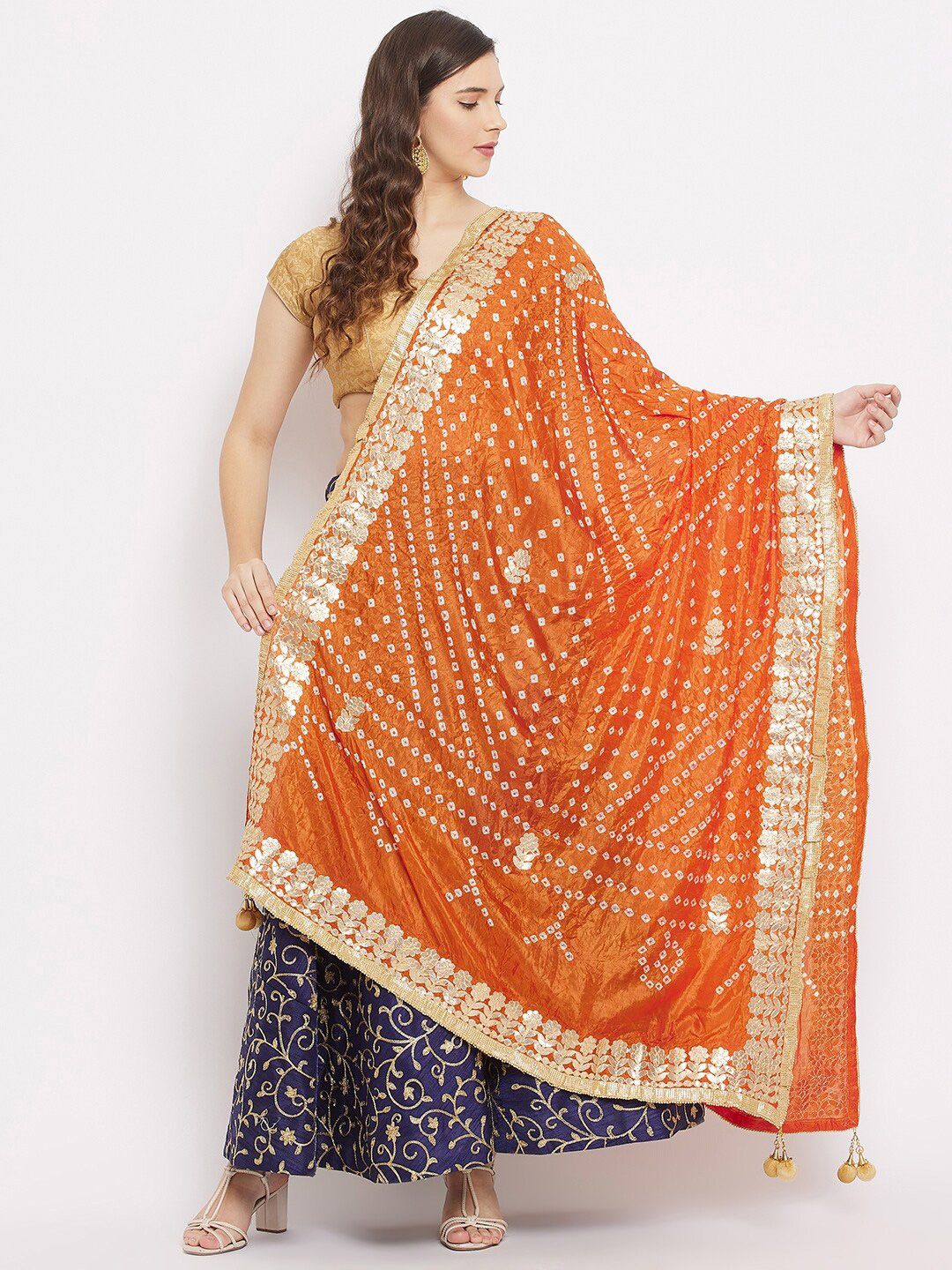 Clora Creation Orange & Gold-Toned Dyed Tie and Dye Dupatta with Gotta Patti Price in India