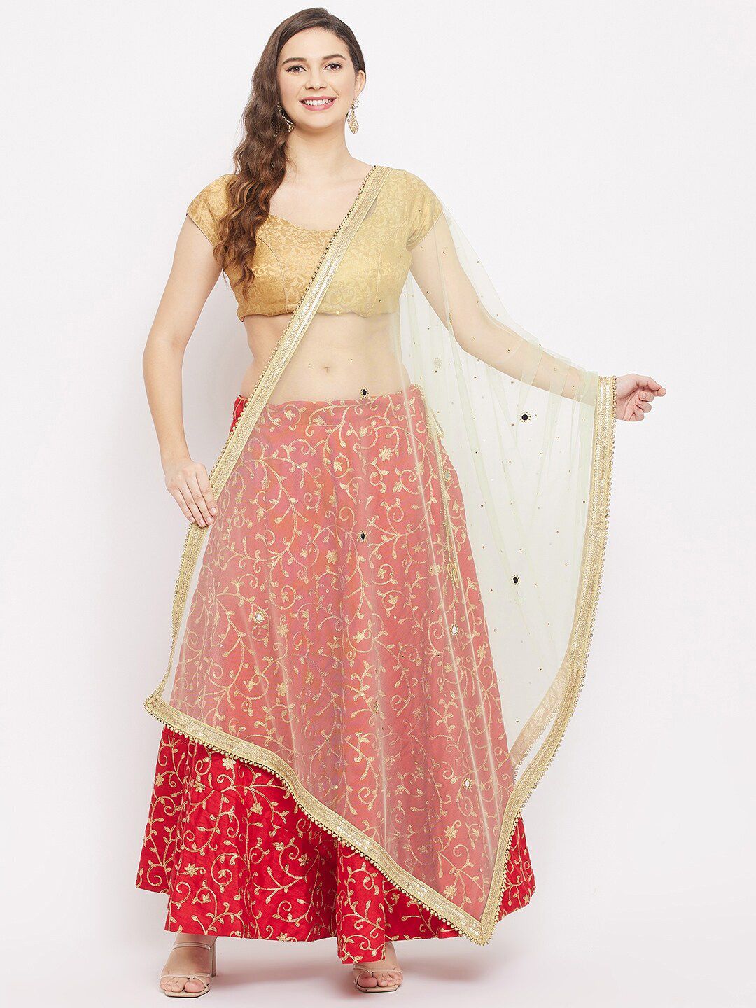 Clora Creation Gold-Toned Ethnic Motifs Embroidered Dupatta with Beads and Stones Price in India