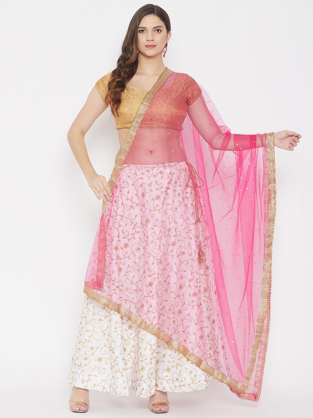 Clora Creation Pink & Gold-Toned Ethnic Motifs Embroidered Net Dupatta with Beads & Stones Price in India