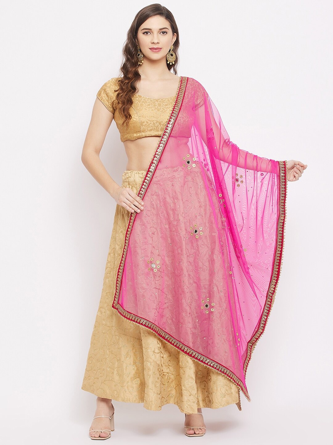 Clora Creation Magenta & Gold Embroidered Foil Print Dupatta with Beads and Stones Price in India
