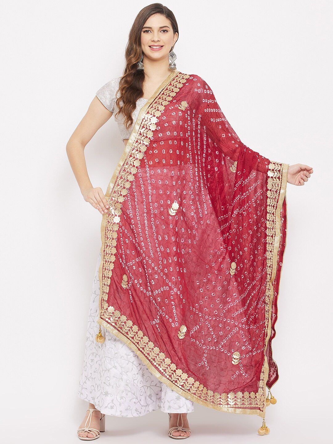 Clora Creation Maroon & Gold-Toned Dyed Tie and Dye Dupatta with Gotta Patti Price in India