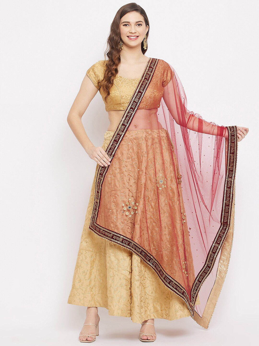 Clora Creation Maroon & Gold-Coloured Ethnic Embroidered Dupatta with Beads and Stones Price in India