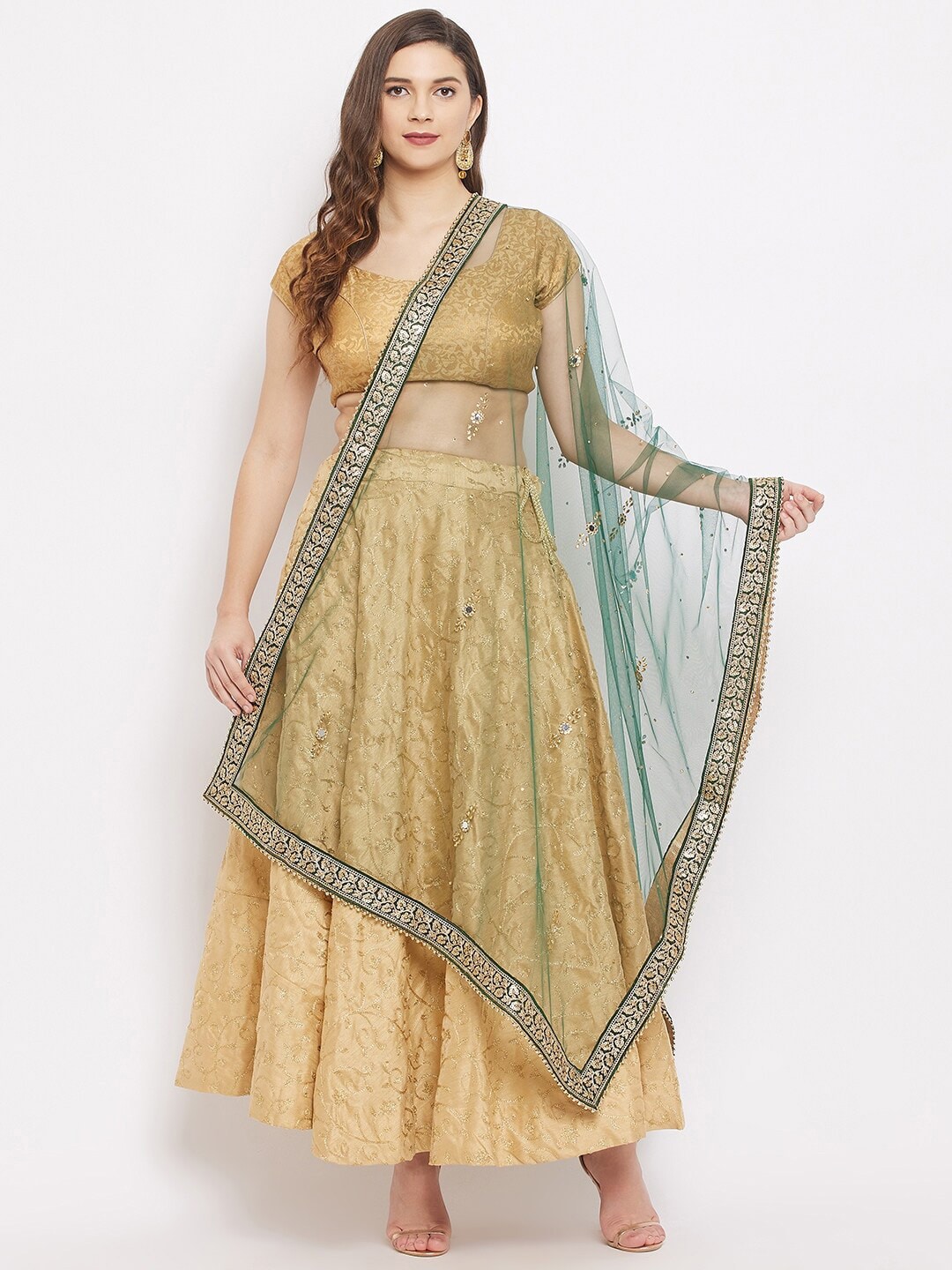 Clora Creation Green & Gold-Toned Embroidered Dupatta with Beads and Stones Price in India