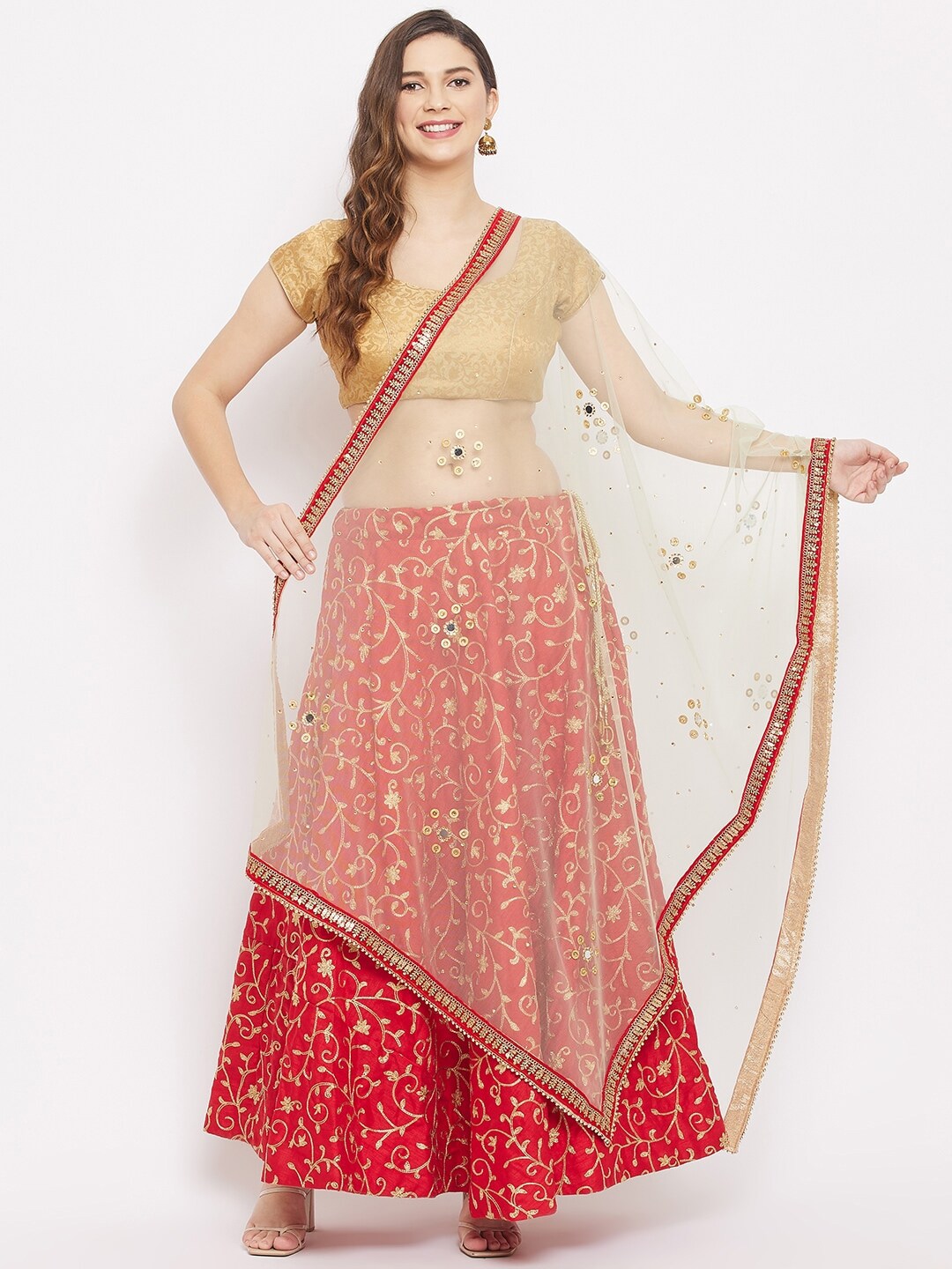 Clora Creation Gold-Toned & Red Ethnic Motifs Embroidered Dupatta with Beads and Stones Price in India