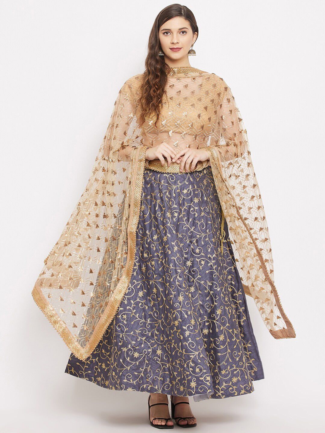 Clora Creation Beige & Gold-Coloured Embroidered Dupatta