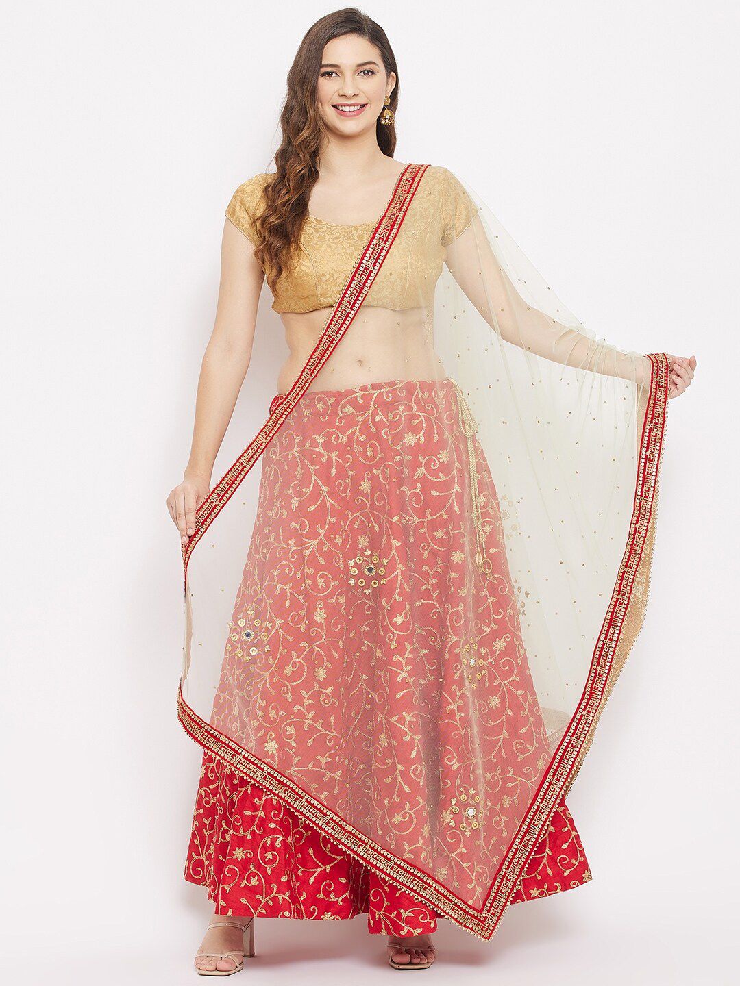 Clora Creation Beige & Red Ethnic Motifs Embroidered Net Dupatta with Beads and Stones Price in India