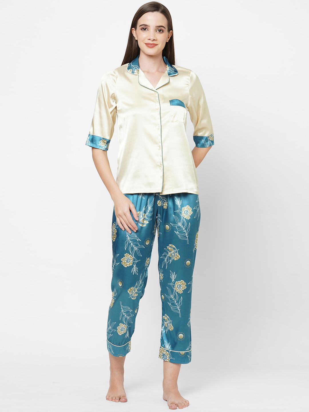 Sweet Dreams Women Beige & Blue Printed Night suit Price in India