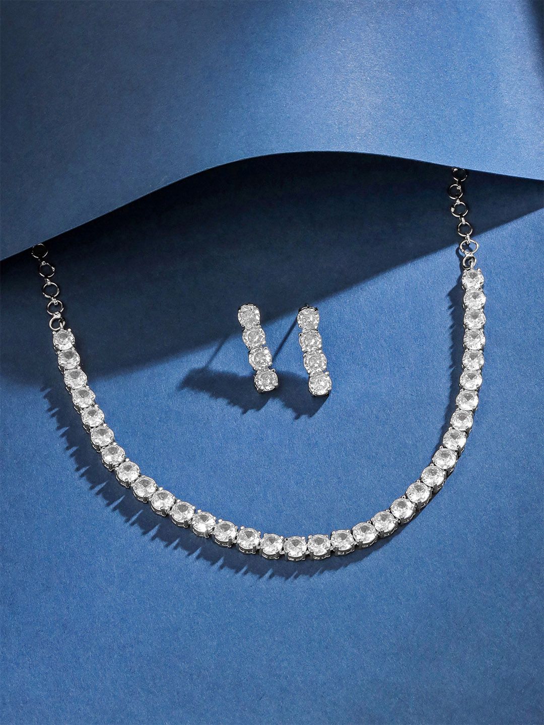 AD-Studded Jewellery Set Yellow Chimes Rhodium Plated American Diamond Studded Jewellery Set