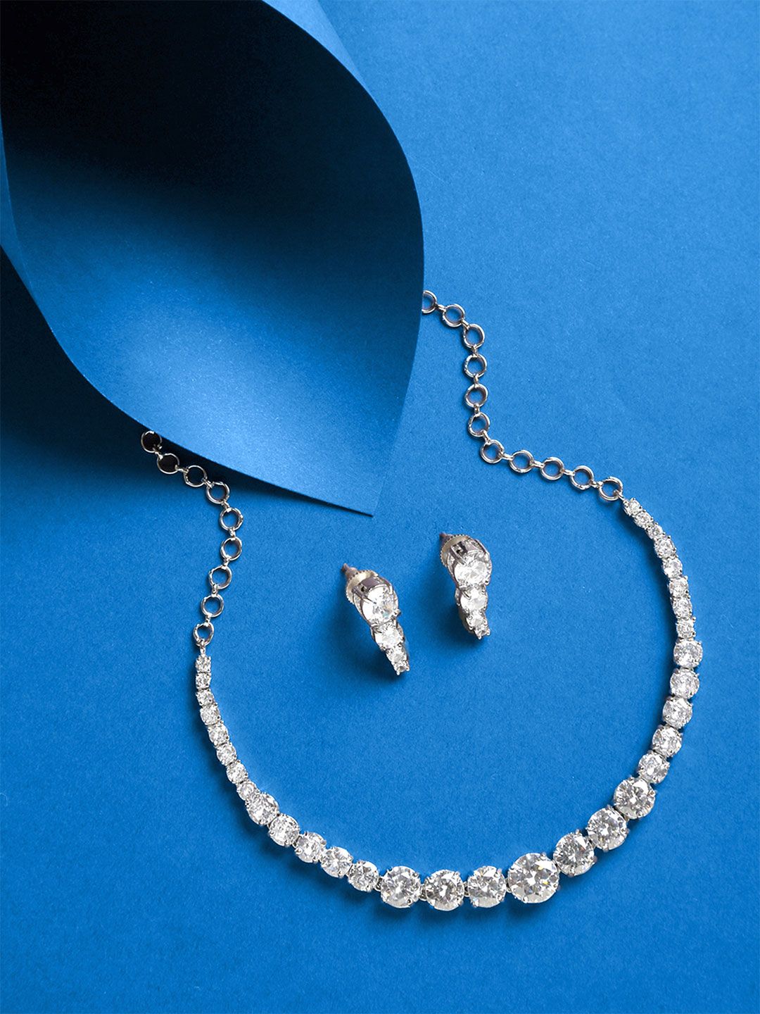 Rhodium-Plated Jewellery Set Yellow Chimes Rhodium Plated American Diamond Studded Jewellery Set