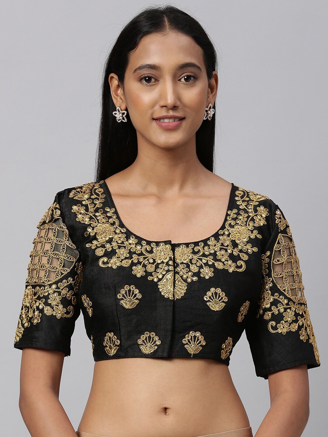 Amrutam Fab Women Black & Gold-Coloured Embroidered Raw Silk Saree Blouse Price in India