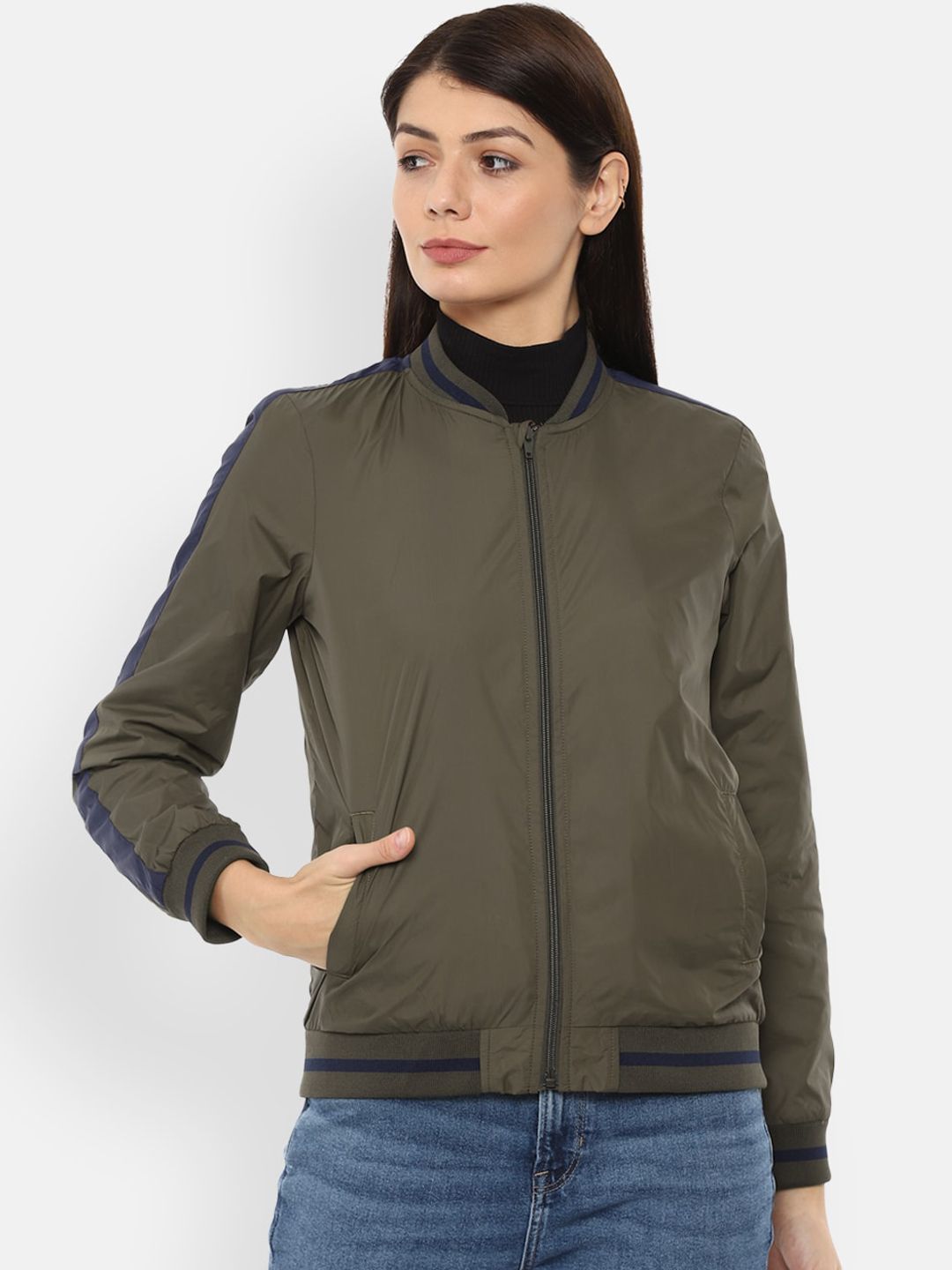 Van Heusen Woman Women Olive Green Bomber Jacket Price in India