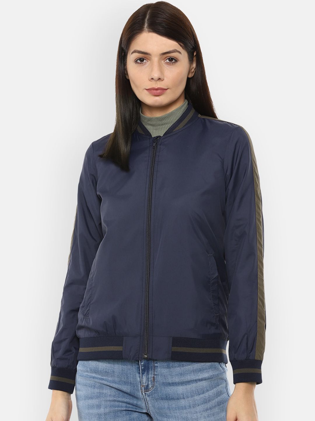 Van Heusen Woman Women Navy Blue Striped Bomber Jacket Price in India