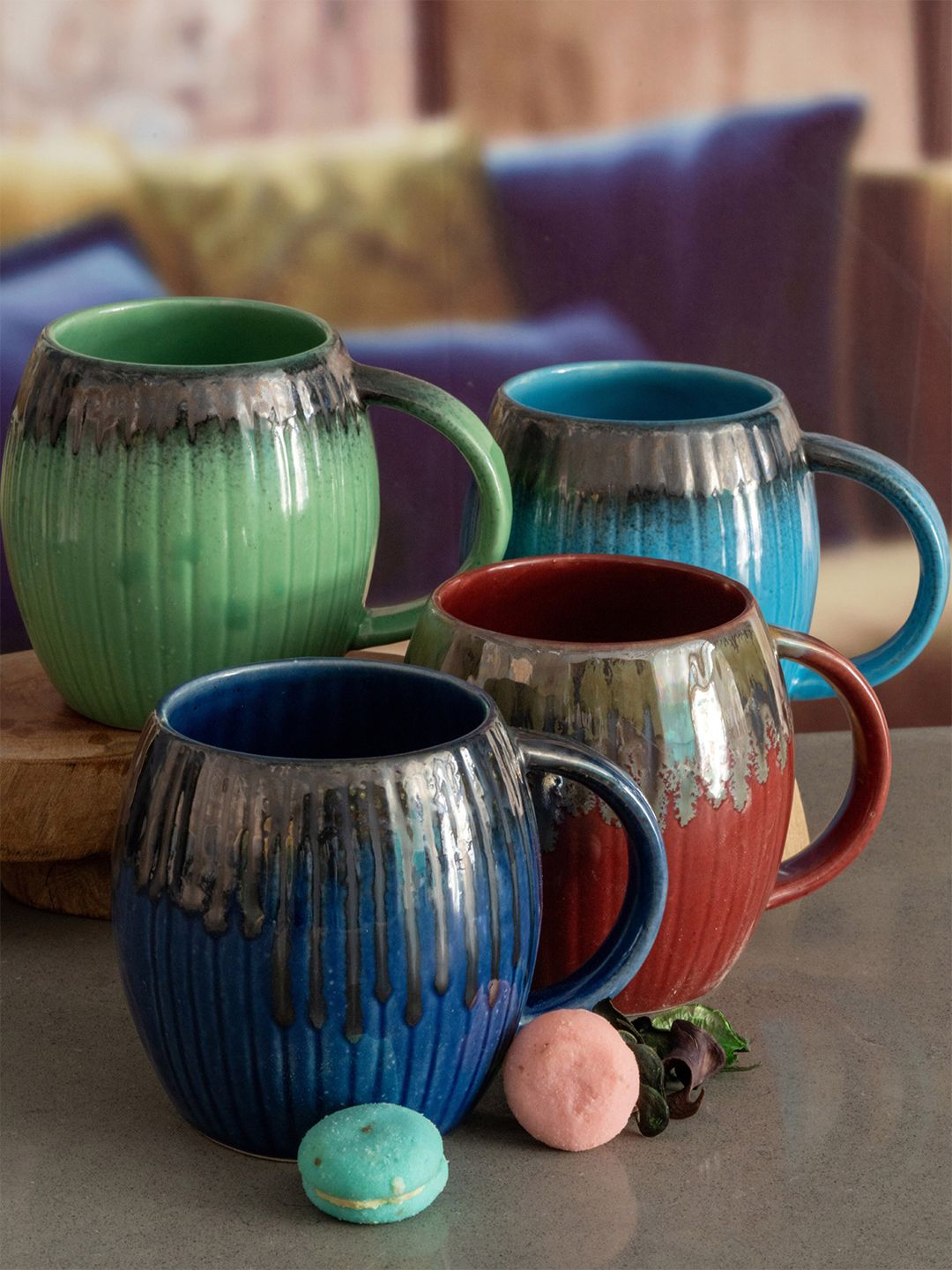 Roxx Set of 4 Green & Red Handcrafted Printed Stoneware Glossy Mugs Price in India