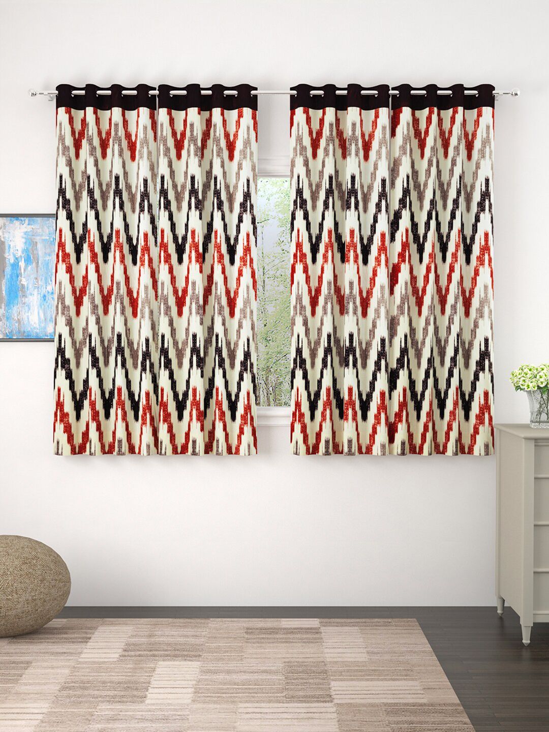 Story@home White & Brown Set of 4 Geometric Window Curtain Price in India