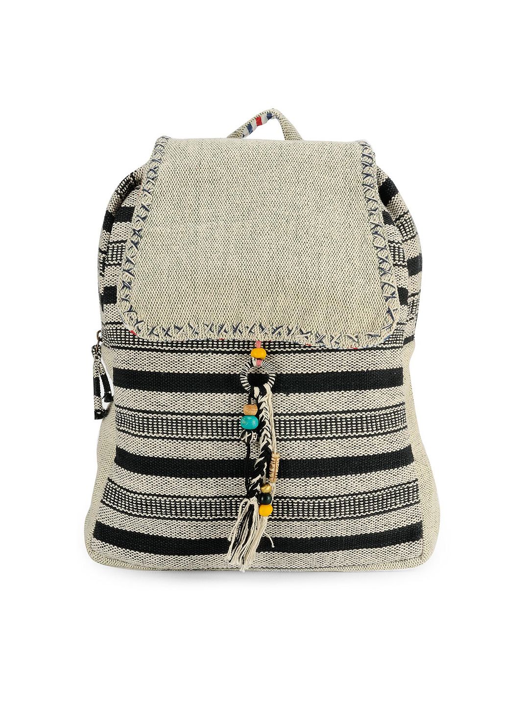 The House of Tara Unisex Off-White & Black Striped Backpack Price in India