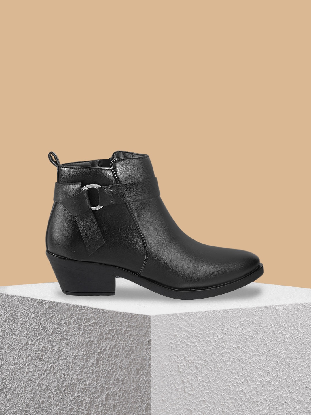 Mochi Black Kitten Heeled Boots with Buckles Price in India