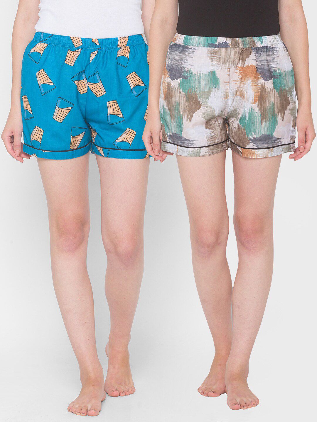 FashionRack Set Of 2 Women Beige & Blue Printed Lounge Shorts Price in India