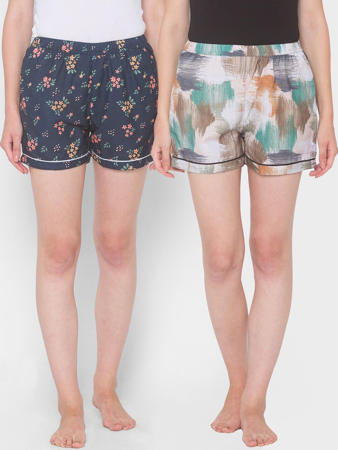 FashionRack Women Pack Of 2 Beige & White Printed Lounge Shorts Price in India