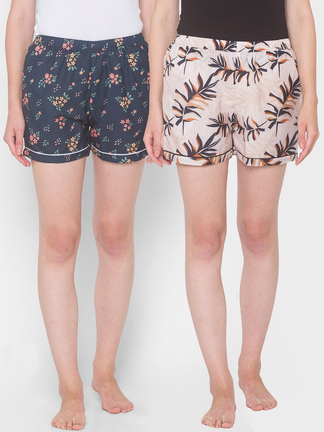 FashionRack Women Beige & Navy Blue Pack of 2 Printed Cotton Lounge Shorts Price in India