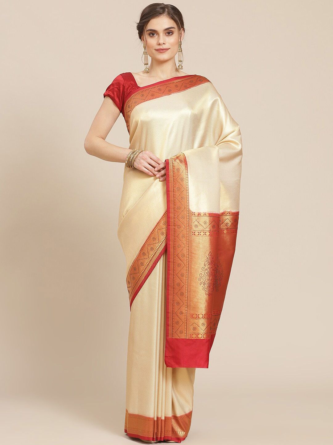 Meena Bazaar Beige & Red Woven Design Zari Silk Blend Banarasi Saree