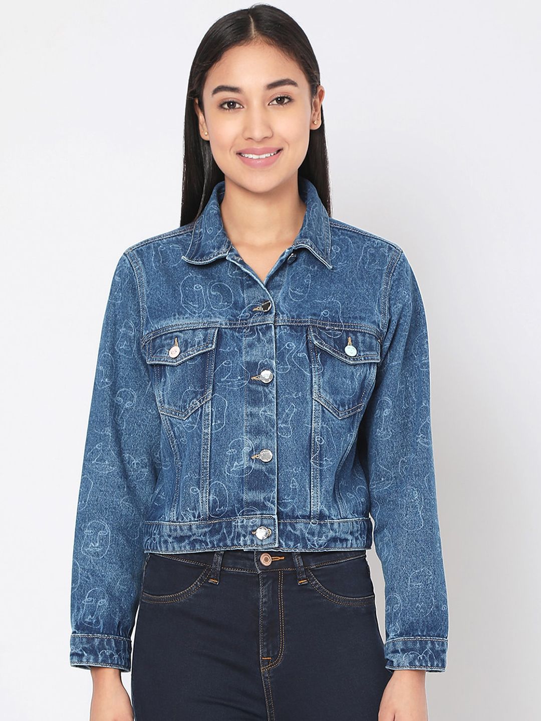 SPYKAR Women Blue Washed Crop Denim Jacket with Embroidered Price in India