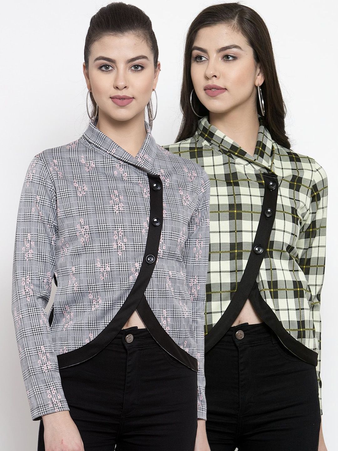 armure Women Pack of 2 Olive Green & Black Floral & Checked Crop Tailored Jacket Price in India