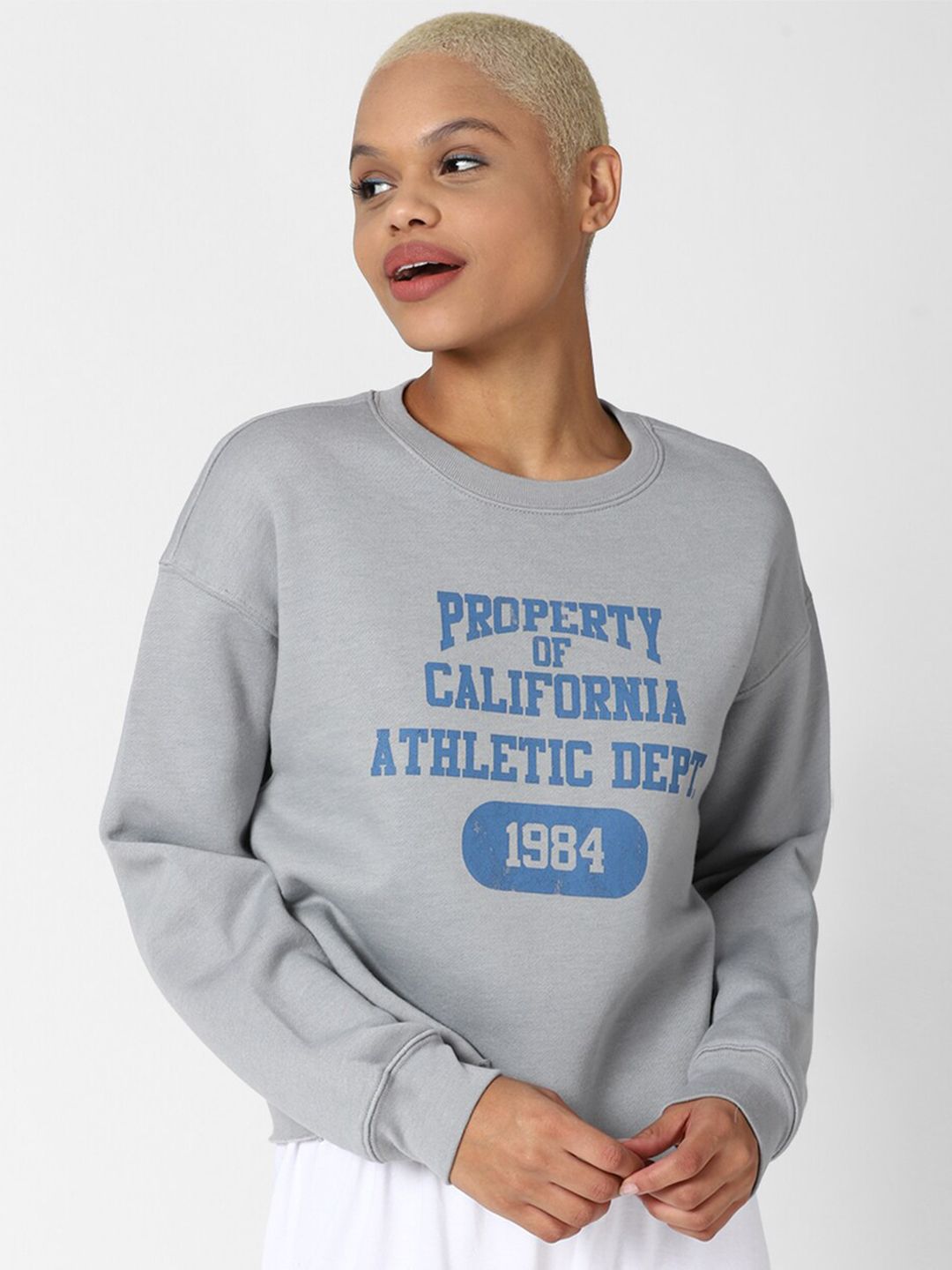 FOREVER 21 Women Grey & Blue Typography Printed Pullover Price in India