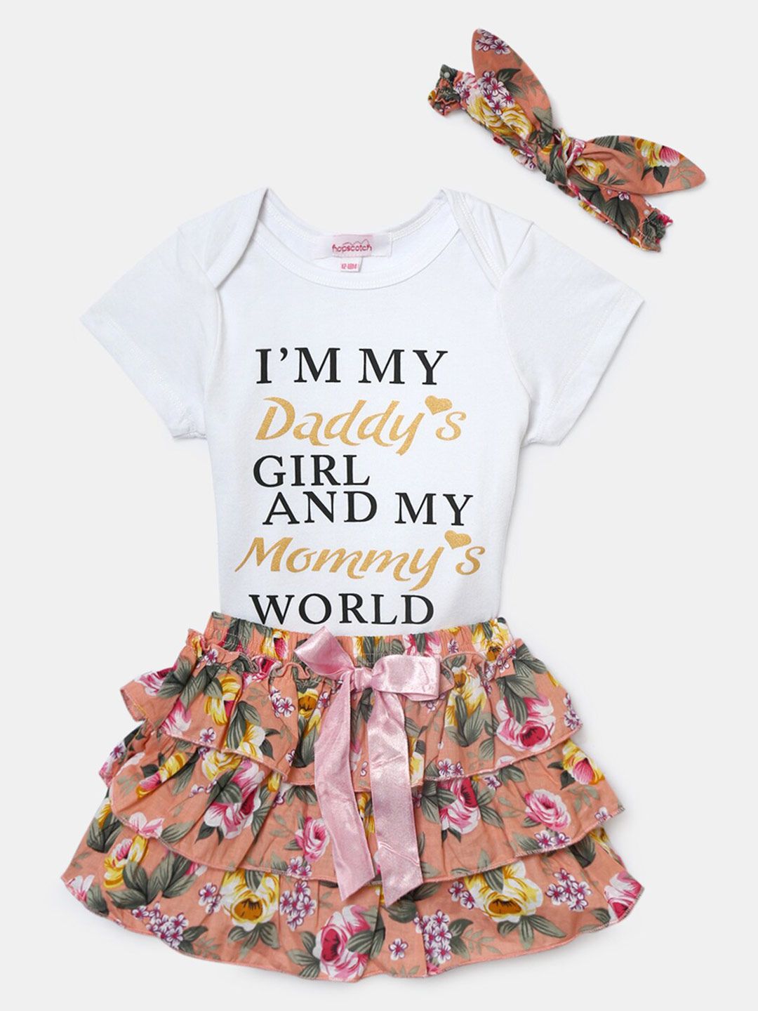 Hopscotch Girls White & Brown Printed T-shirt with Shorts With Headband