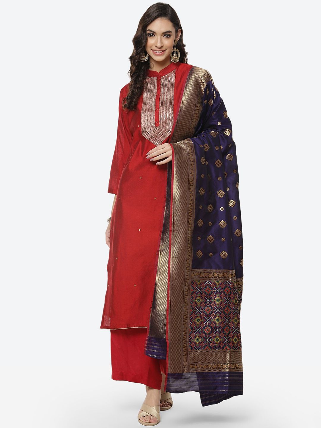 Meena Bazaar Maroon & Navy Blue Unstitched Dress Material Price in India