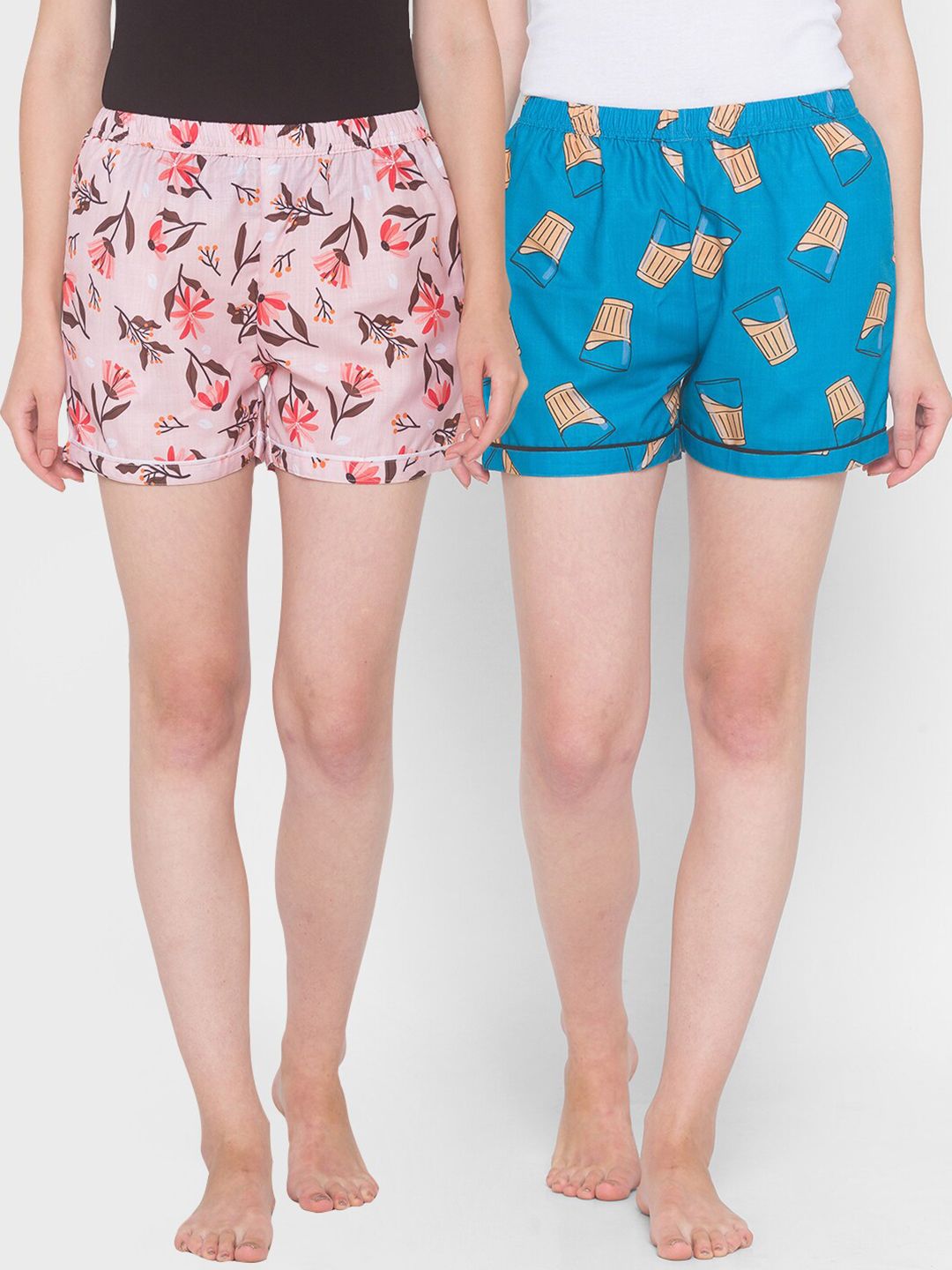 FashionRack Women Pink & Blue Pack of 2 Printed Cotton Lounge Shorts Price in India