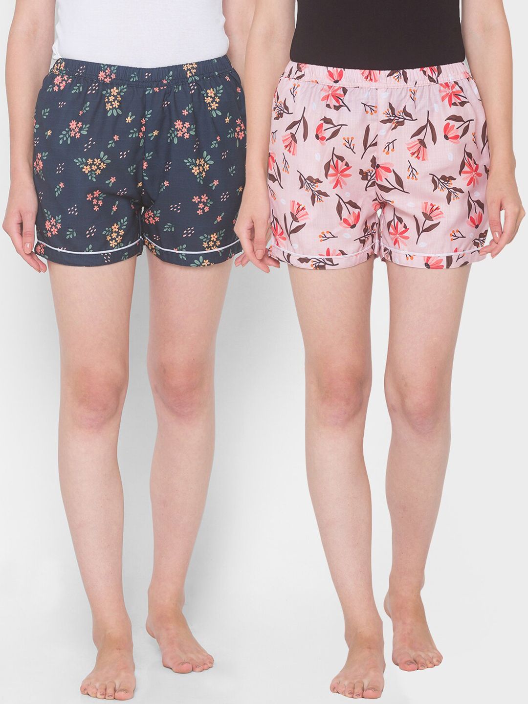 FashionRack Women Pack of 2 Pink & Blue Printed Lounge Shorts Price in India