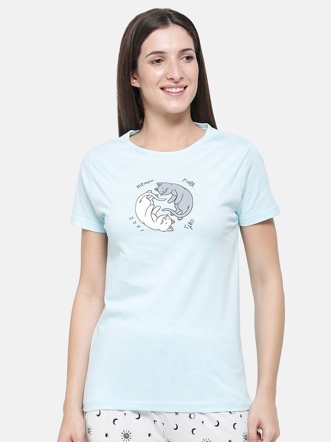 De Moza Women Blue Printed Pure Cotton Lounge T-shirt Price in India