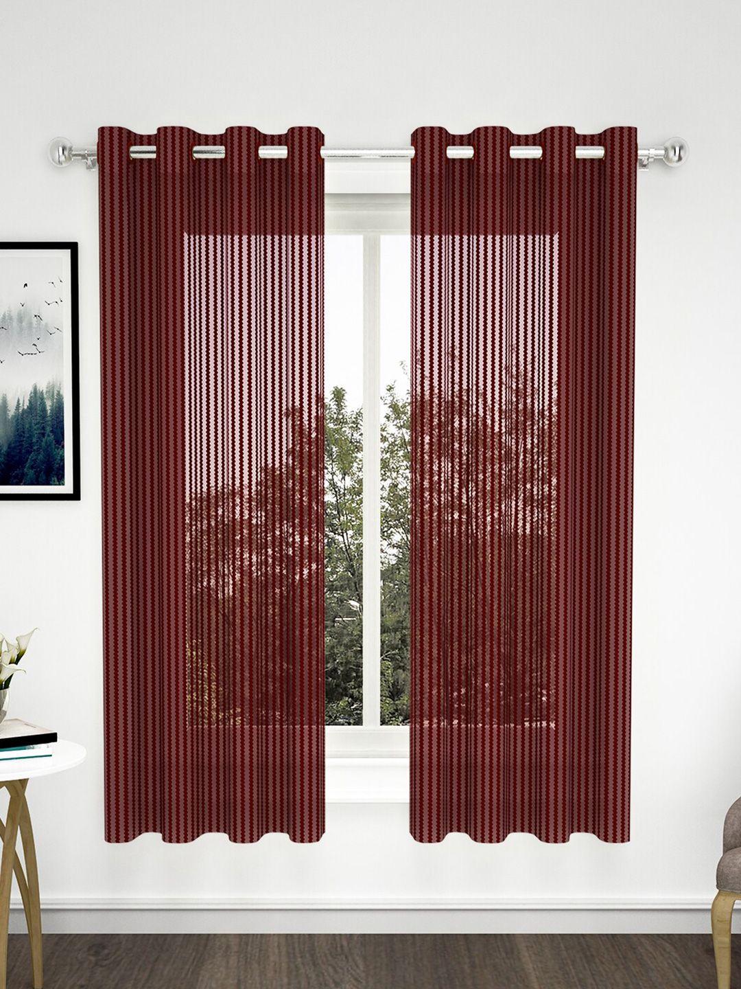 Bedspun Maroon Set of 2 Striped Sheer Window Curtain Price in India