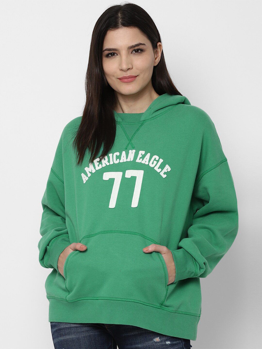 AMERICAN EAGLE OUTFITTERS Women Green Printed Hooded Sweatshirt Price in India